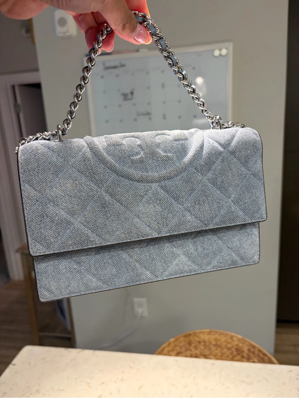 Tory Burch Light blue denim Quilted Shoulder Bag with Silver Chain